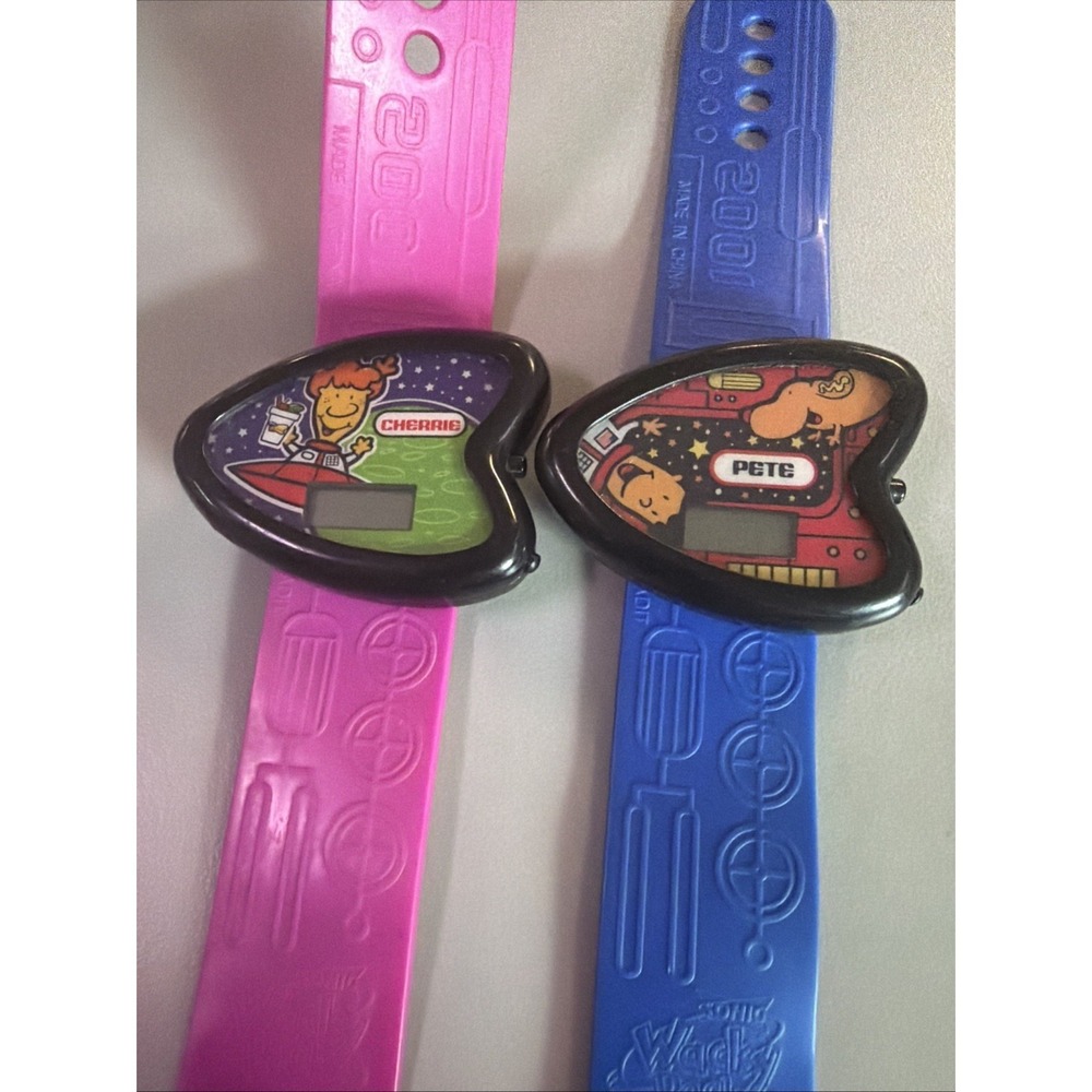 2001 Vintage Sonic Wacky Pack Junior Wristwatches Cherrie (pink) And Pete (blue)